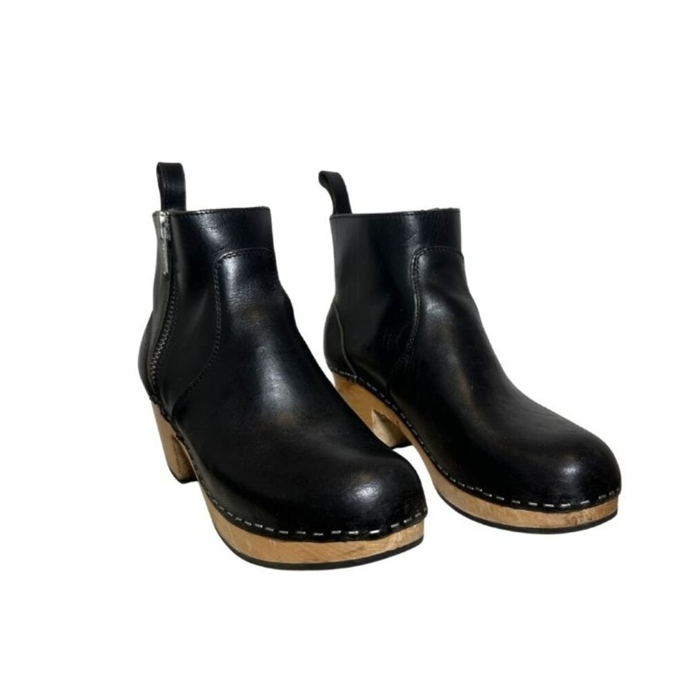 Swedish Hasbeens Zip It Emy Black Leather Clog Boots – Size 39 (US 8.5–9)